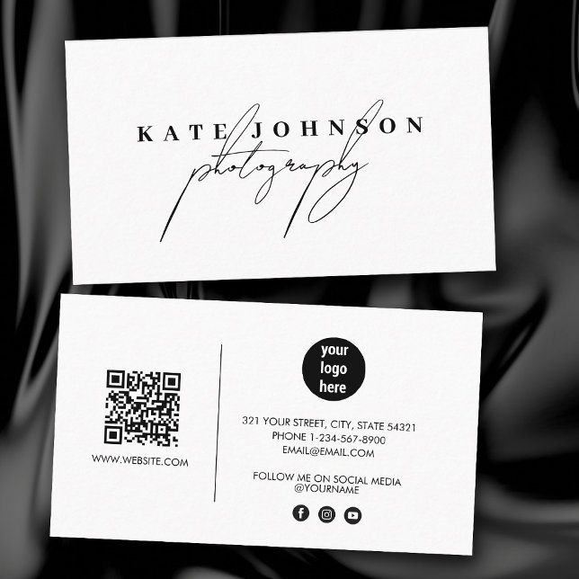 Chic White Signature Script QR Code Social Media  Business Card (Chic White Signature Script QR Code Social Media Business Card)