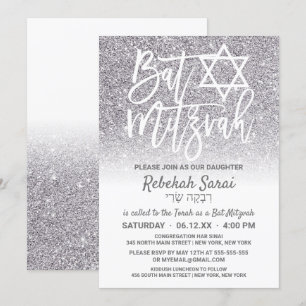 Chic White Silver Faux Glitter Ombre Bat Mitzvah Invitation