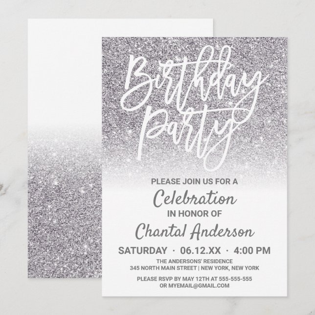 Chic White Silver Faux Glitter Ombre Birthday Invitation (Front/Back)