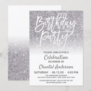 Chic White Silver Faux Glitter Ombre Birthday Invitation