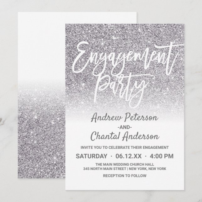 Chic White Silver Faux Glitter Ombre Engagement Invitation (Front/Back)