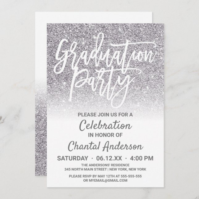 Chic White Silver Faux Glitter Ombre Graduation Invitation (Front/Back)