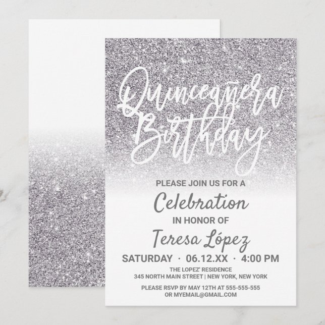 Chic White Silver Faux Glitter Ombre Quinceañera Invitation (Front/Back)