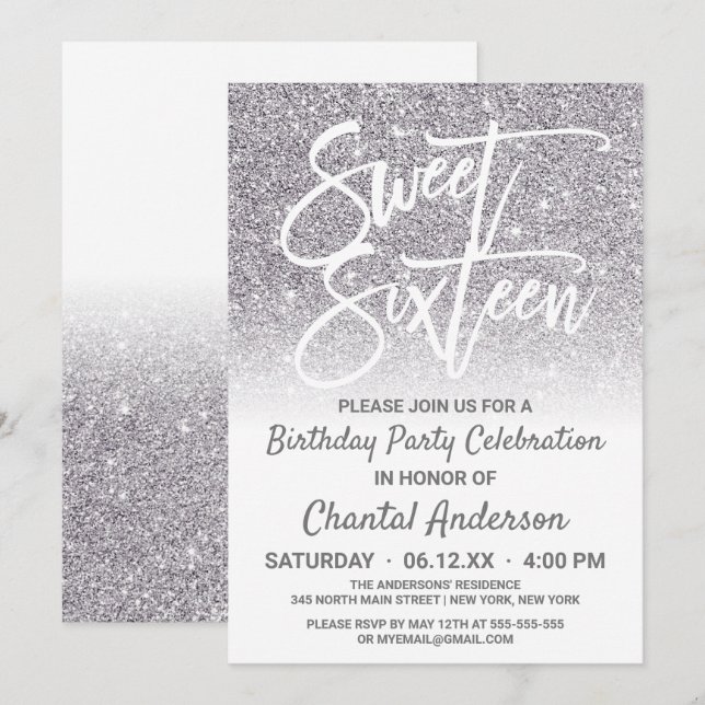 Chic White Silver Faux Glitter Ombre Sweet Sixteen Invitation (Front/Back)