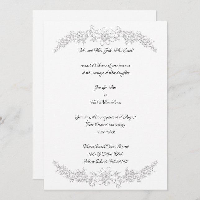 Chic White Silver Foil Floral Wedding Invitation (Front/Back)