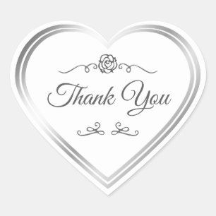 Chic White Silver Frame and Vintage Rose Thank You Heart Sticker