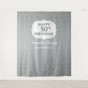 Chic White Silver glitter birthday backdrop banner Tapestry