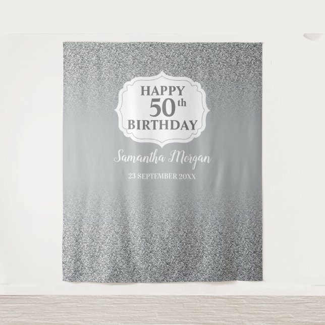Chic White Silver glitter birthday backdrop banner Tapestry (Front)