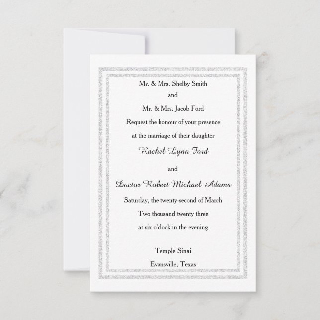 Chic White Silver Glitter Trim-3x5Wedding Invition Invitation (Front)