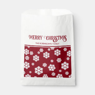 Chic White Snowflakes Nordic Pattern on Dark Red C Favour Bags