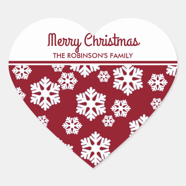 Chic White Snowflakes Nordic Pattern on Dark Red Heart Sticker (Front)