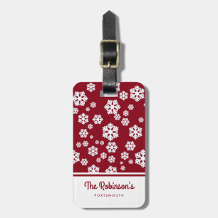 Chic White Snowflakes Nordic Pattern on Dark Red Luggage Tag