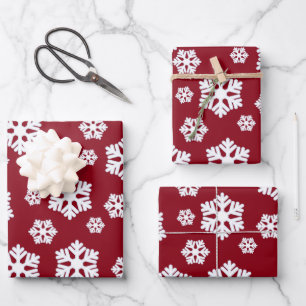 Chic White Snowflakes Nordic Pattern on Dark Red Wrapping Paper Sheet