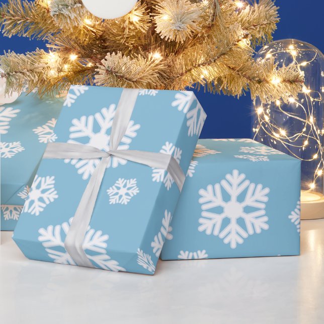 Chic White Snowflakes Nordic Pattern on Ice Blue Wrapping Paper (Holidays)