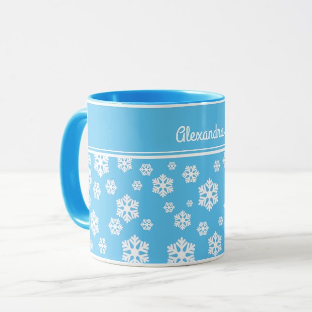 Chic White Snowflakes Nordic Pattern on Light Blue Mug (Front Left)
