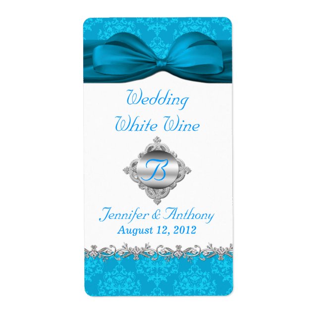 Chic White & Turquoise Damask Mini Wine Labels (Front)