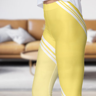 Chic White under Pale Yellow Banded Print Leggings