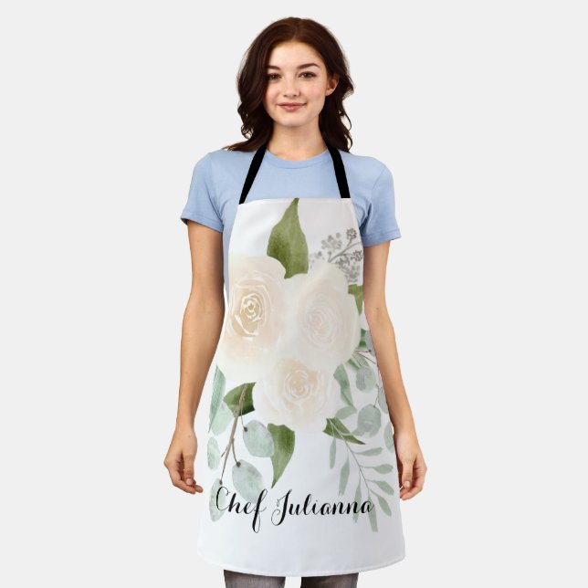 Chic White Watercolor Roses & Eucalyptus w/ Name Apron (Worn)