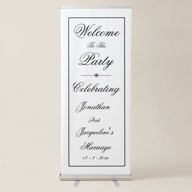 Chic White Wedding Elegant Black Script Welcome Retractable Banner (Front)