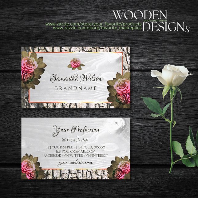 Chic White Wood Grain Pink Roses Natural Tree Bark Business Card (Creator Uploaded)