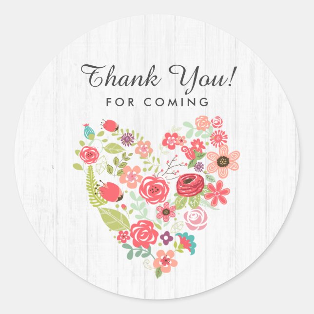 Chic White Wood & Whimsical Floral Thank You Favou Classic Round Sticker (Front)