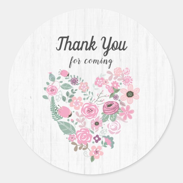 Chic White Wood & Whimsical Floral Thank You Favou Classic Round Sticker (Front)