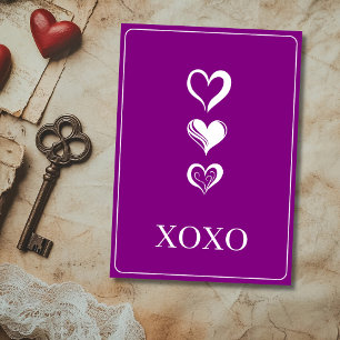 Chic White Xoxo Three Cutout Heart Purple Holiday Card