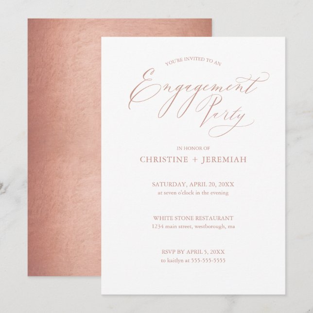Chic Whte Rose Gold Calligraphy Engagement Party  Invitation (Front/Back)