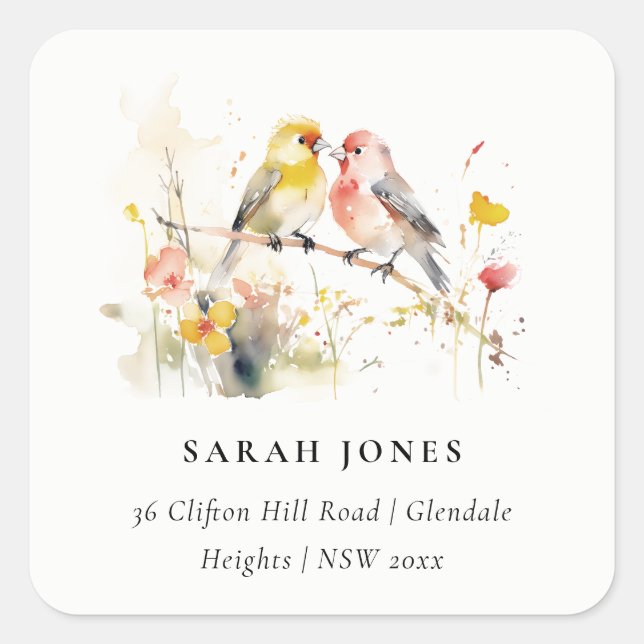Chic Wild Botanical Watercolor Love Birds Address Square Sticker (Front)