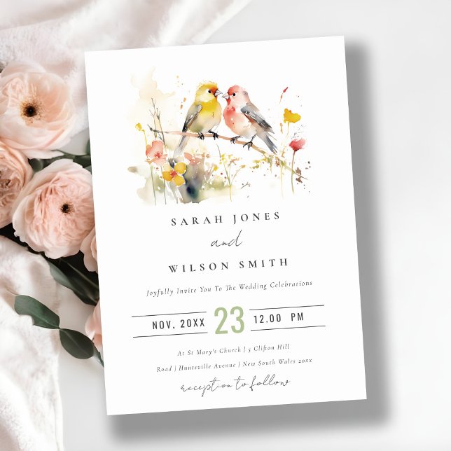 Chic Wild Botanical Watercolor Love Birds Wedding Invitation (Creator Uploaded)