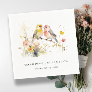 Chic Wild Botanical Watercolor Love Birds Wedding Napkin