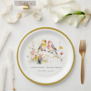 Chic Wild Botanical Watercolor Love Birds Wedding Paper Plate