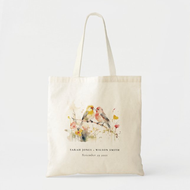 Chic Wild Botanical Watercolor Love Birds Wedding Tote Bag (Front)