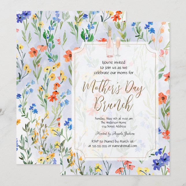 Chic Wildflower Blue Wine Mother's Day Brunch  Invitation (Front/Back)