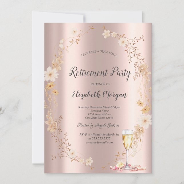 Chic Wildflower Champagne Rose Gold Retirement  Invitation (Front)