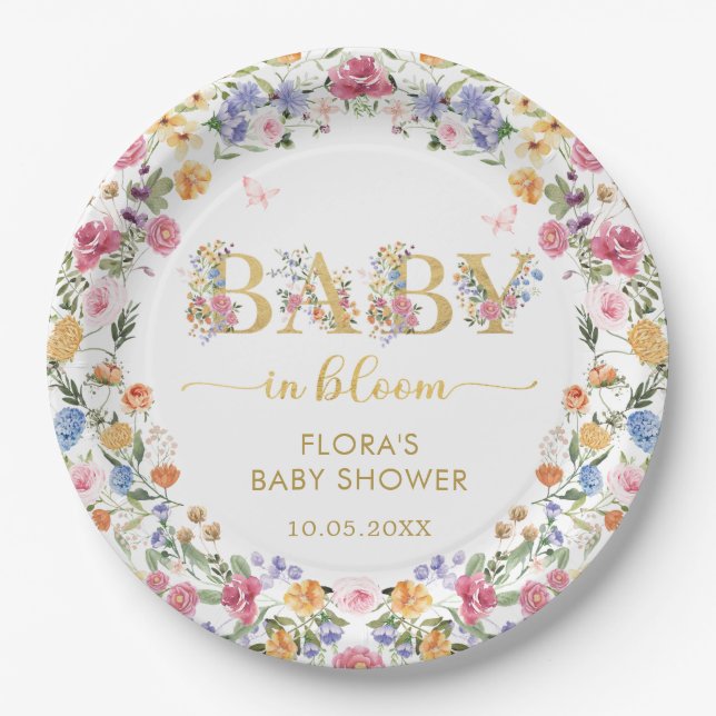 Chic Wildflower Garden Wreath Baby in Bloom Shower Paper Plate (Front)