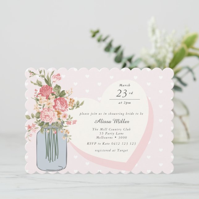 Chic Wildflower Mason Jar Blush Bridal Shower  Invitation (Standing Front)