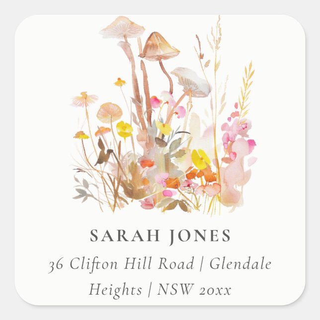 Chic Wildflower Mushroom Autumn Botanical Address Square Sticker (Front)