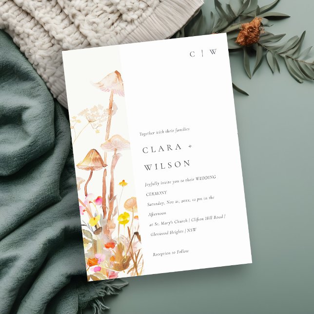 Chic Wildflower Mushroom Autumn Botanical Wedding Invitation (Creator Uploaded)
