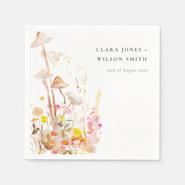 Chic Wildflower Mushroom Autumn Botanical Wedding Napkin (Front)