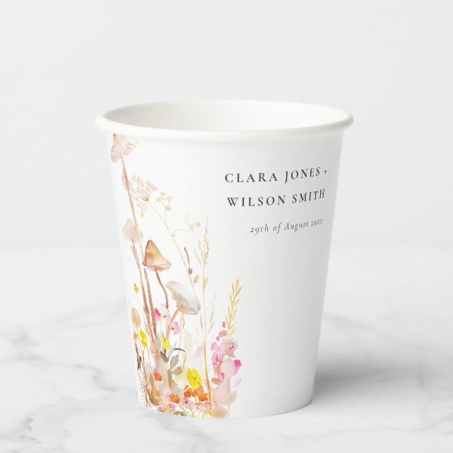 Chic Wildflower Mushroom Autumn Botanical Wedding Paper Cups (Front)