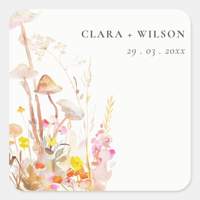 Chic Wildflower Mushroom Autumn Botanical Wedding Square Sticker (Front)