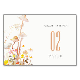 Chic Wildflower Mushroom Autumn Botanical Wedding Table Number
