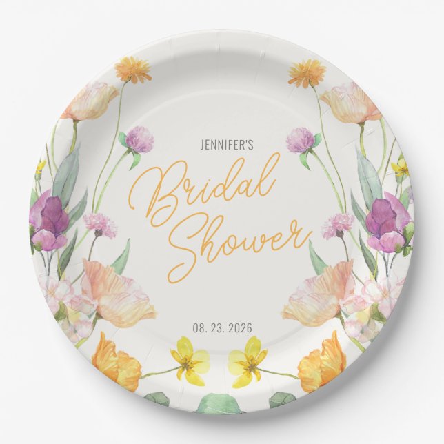 Chic Wildflower Script Bridal Shower Paper Plate (Front)