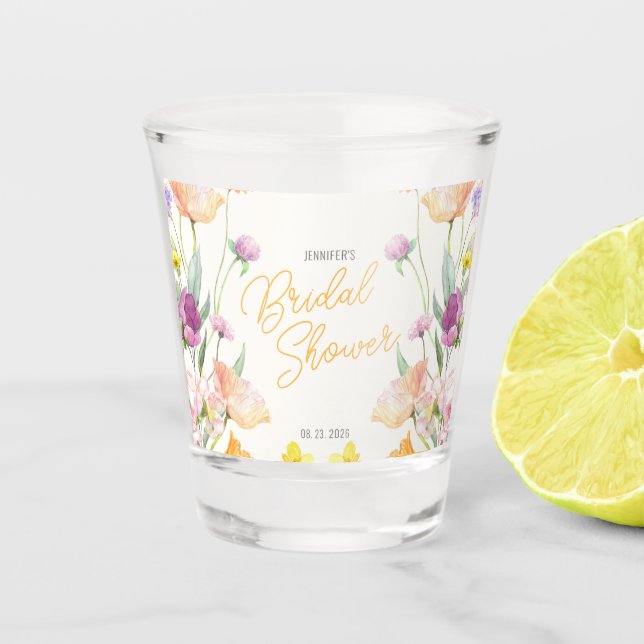 Chic Wildflower Script Bridal Shower Shot Glass (Front)