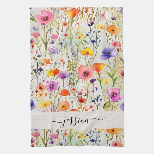 Chic wildflower script name  tea towel (Vertical)