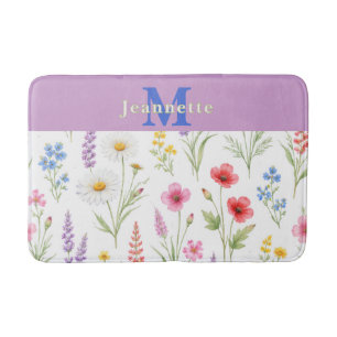 Chic Wildflower Watercolor Floral Monogram Name Bath Mat