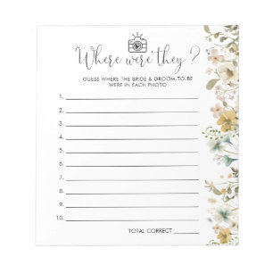 Chic Wildflower Where Were They Bridal Shower Game Notepad