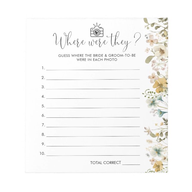 Chic Wildflower Where Were They Bridal Shower Game Notepad (Front)