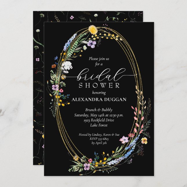Chic Wildflower Wreath Black Bridal Shower Invitation (Front/Back)